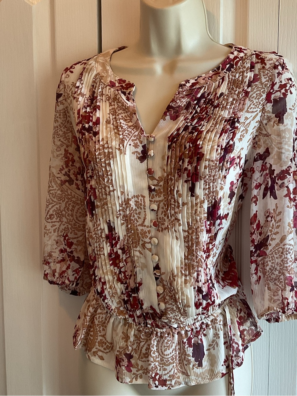 a.n.a Cream Blouse with Burgundy & Tan Floral Print